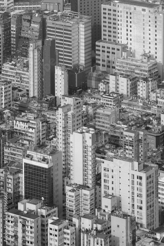 Aerial view of Hong Kong City in black and white