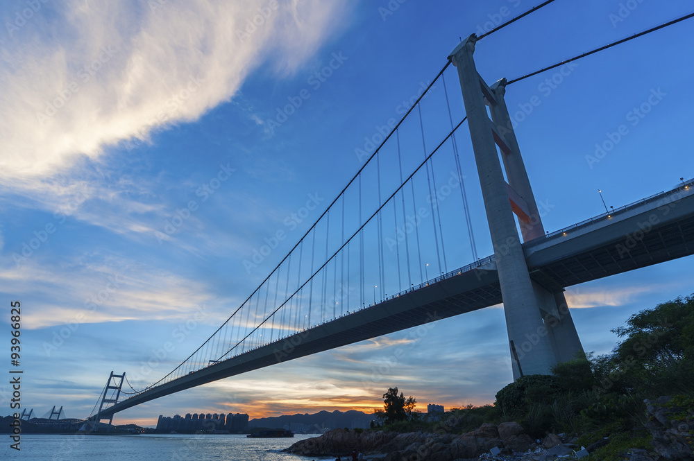 Tsing Ma bridge in Hiong Kong at dusk