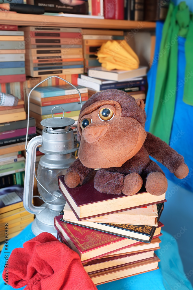 Colorful books and monkey pelouche in the study Colorful books and monkey pelouche in the study
