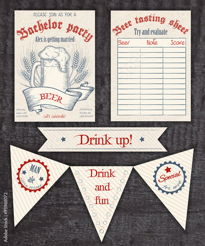 vector hand drawn vintage invitation, tasting sheet, banner and flag for a party with beer mug and  wheat