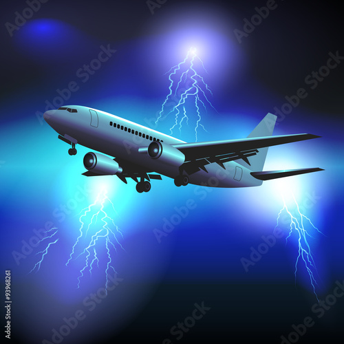 The plane flies through a storm