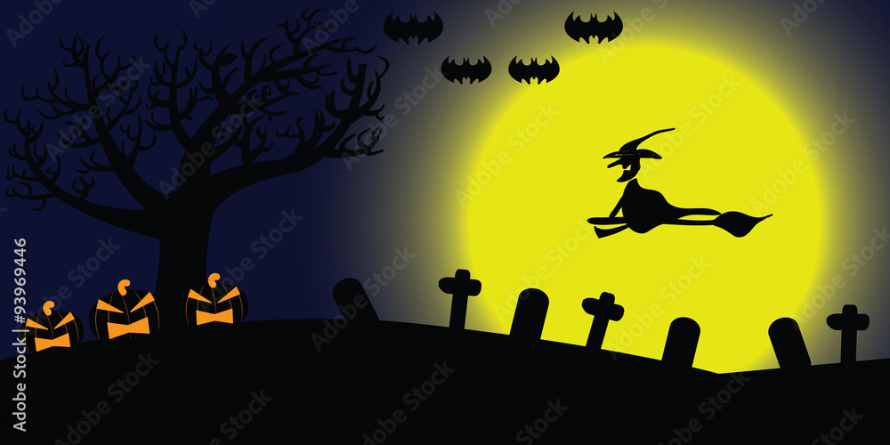 Witch, Pumpkin, Tree, Bat and Grave in Halloween night with Full moon