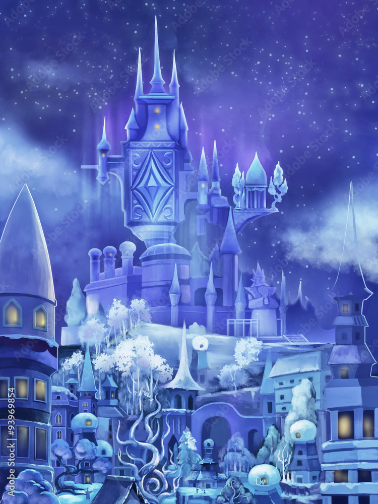 Illustration: The Snow Palace in the Fairy Tale. Fantastic Cartoon Style  Scene Wallpaper Background Design. Stock Illustration | Adobe Stock