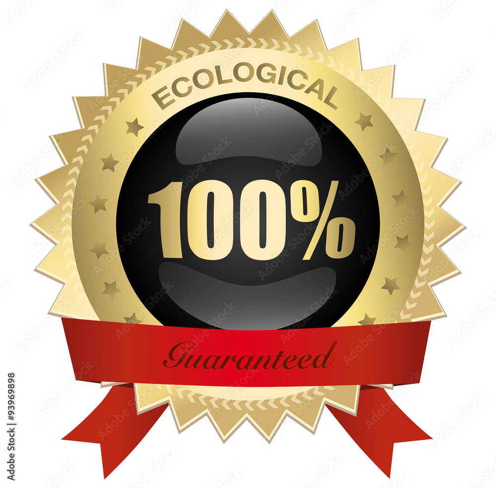 100% ecological guaranteed seal or icon with red banner and 100% symbol. Glossy golden seal or button with stars and elegant banner. 100% ecological guaranteed seal or icon with red banner and 100% symbol. Glossy golden seal or button with stars and elegant banner.