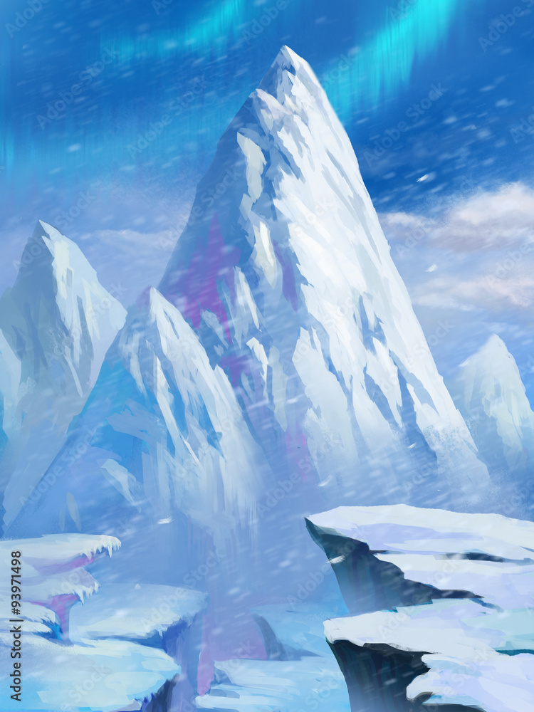 Illustration: Ice Mountain in the North Pole. With Aurora. It was snowing.  Fantastic Cartoon Style Scene Wallpaper Background Design. Stock  Illustration | Adobe Stock