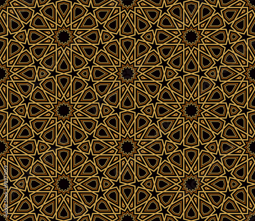 Arabesque Black & Gold Pattern, Dark Background, Vector Illustration