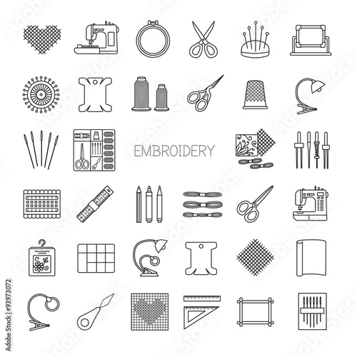 Needlework line icons set. Cross stitch and fancywork supplies a
