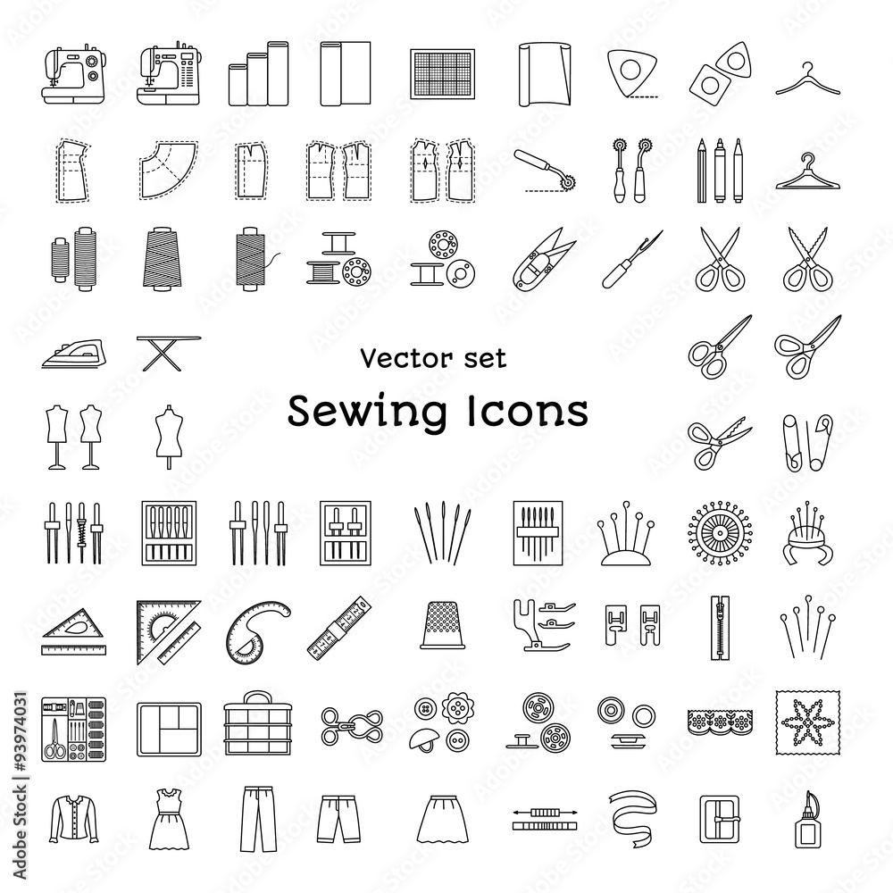 Sewing line icons set. Tailoring supplies and accessories. Fabric ...
