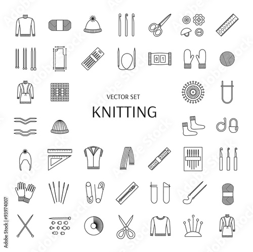 Knitting line icons set. Knitting supplies and accessories. Needle, crochet, woolen yarn, hook,  scissors, pattern. Knitwear, pullover, scarf, jacket; mitten; sock. Vector illustration.