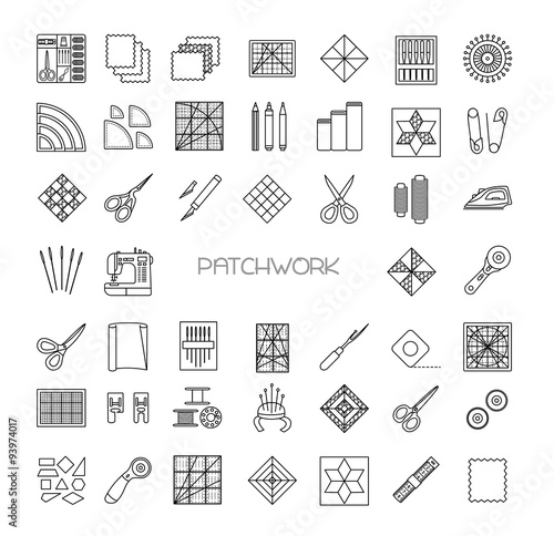 Quilting line icons set. Patchwork supplies and accessories. Quilt fabric kit, patch, needle, thread, scissors, cloth, sewing machine, pin, template, ruler, rotary cutter. Vector illustration.