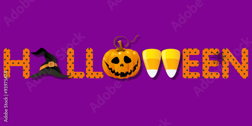 Halloween word with witch hat and pumpkin and candy corns