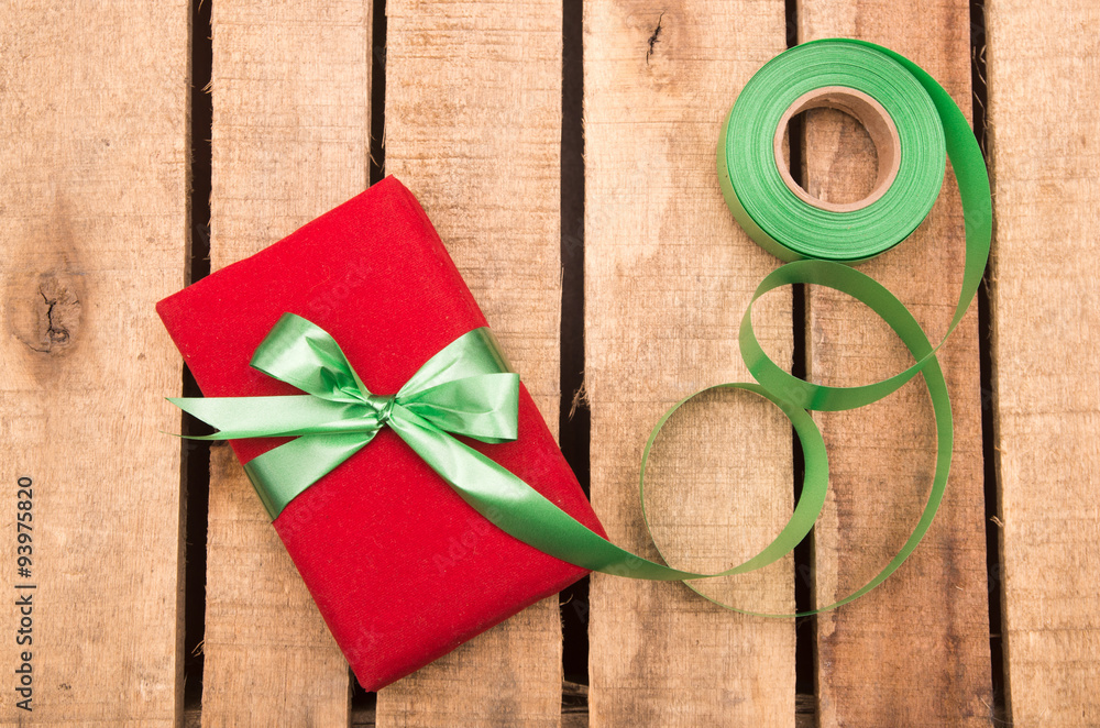 Nicely wrapped presents in red and green wrapping on wooden Stock Photo ...