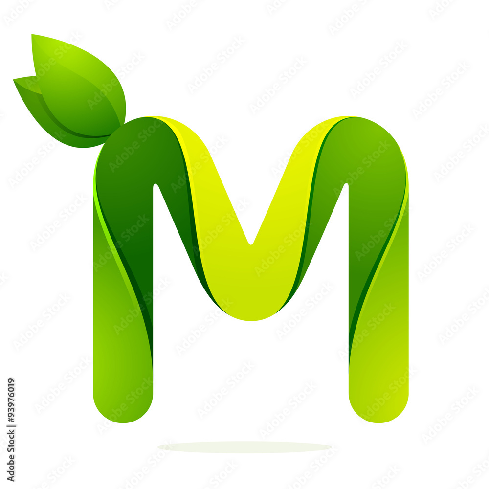 M letter with green leaves eco logo, volume icon M letter with green leaves eco logo, volume icon