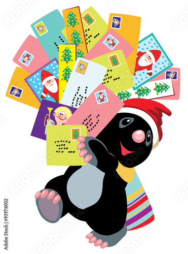 cartoon mole holding Christmas greeting cards . Isolated image for little kids