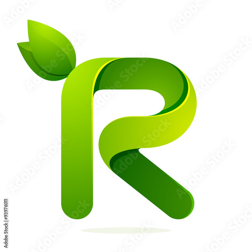 R letter with green leaves eco logo, volume icon