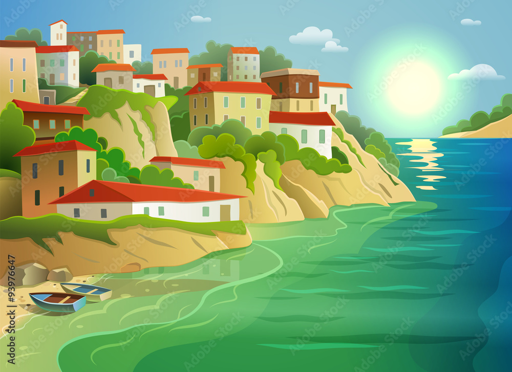 Coastal sea village living colorful poster