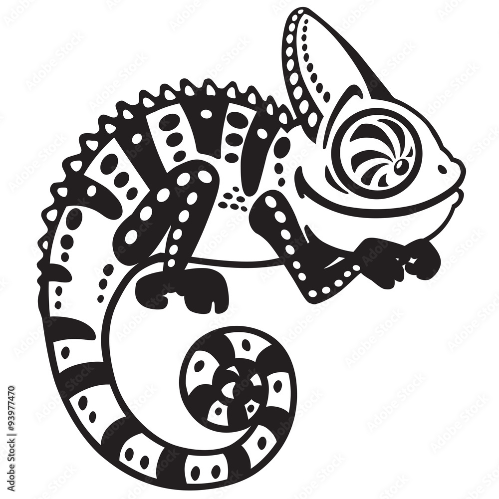 Fototapeta premium cartoon chameleon lizard. Black and white side view image