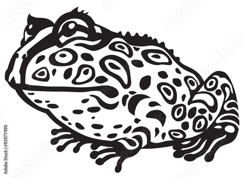 cartoon horned pac-man frog . Black and white image