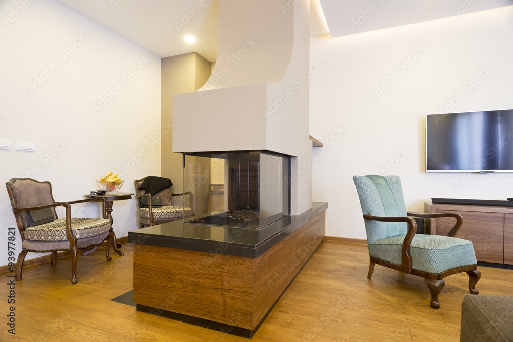 Fototapeta premium Fireplace in modern living room