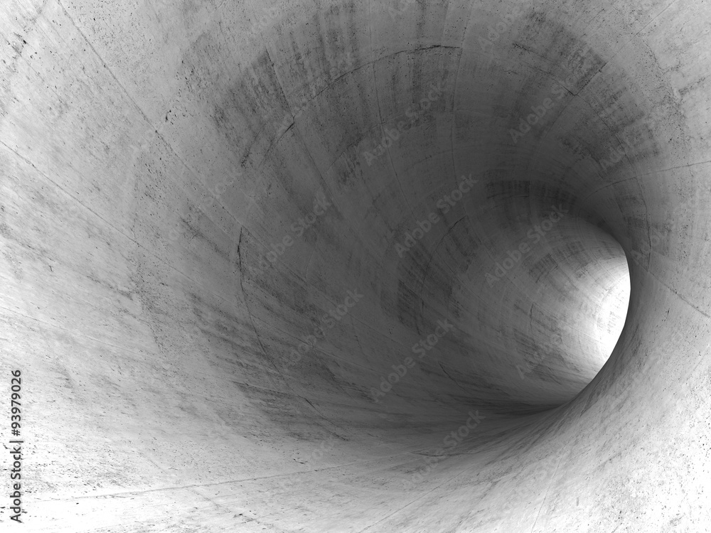 Turning concrete tunnel interior with round walls - obrazy, fototapety, plakaty 