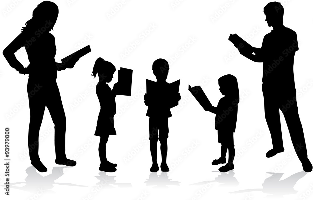 Fototapeta premium Silhouette of a family reading a book.