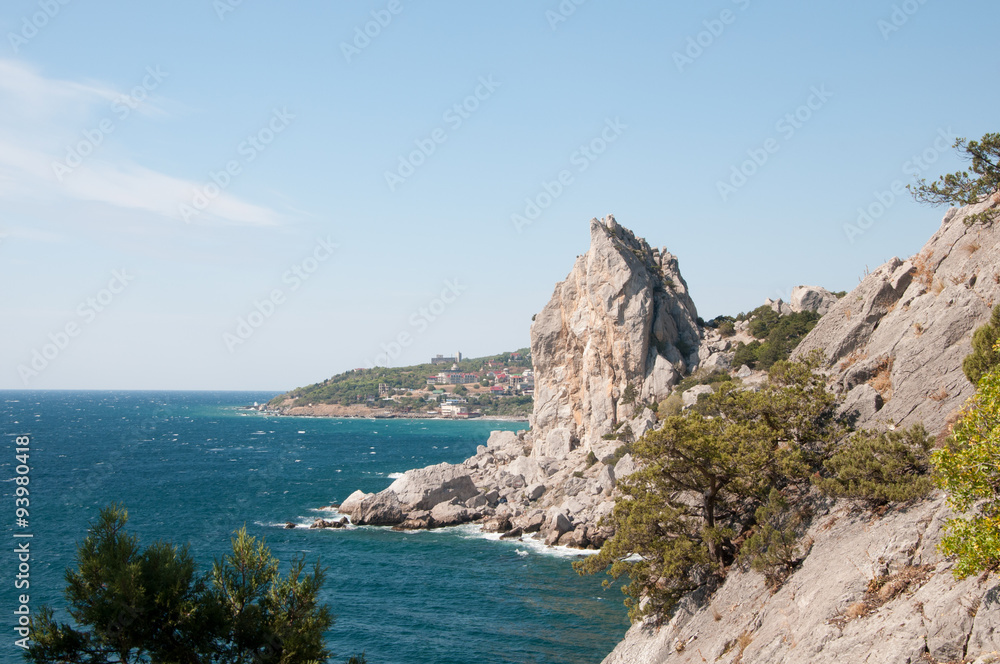 Fototapeta premium Seascape view of Swan Wing rock, Simeiz village, Crimea