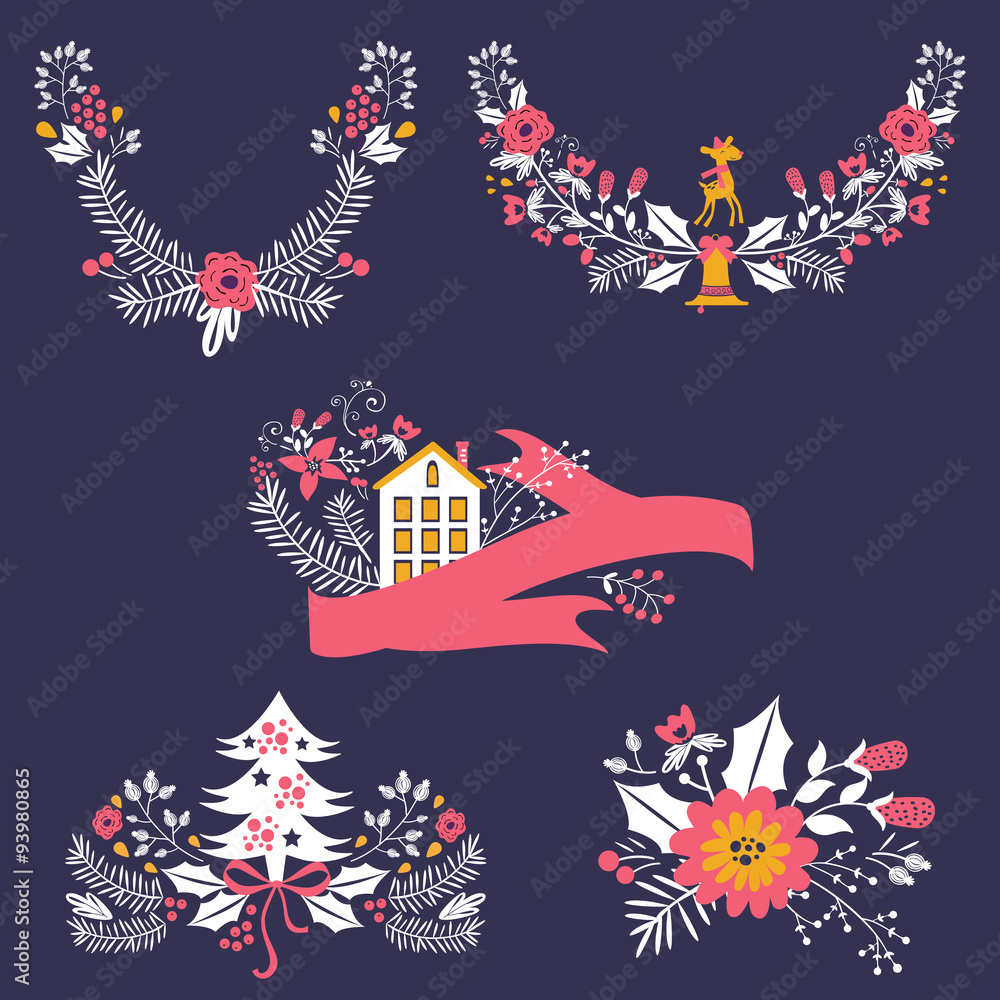 Colorful Christmas banners and laurels with flowers, birds