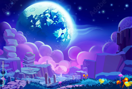 Illustration: The Other planet's Environment. Realistic Cartoon Style. Sci-Fi Scene / Wallpaper / Background Design.