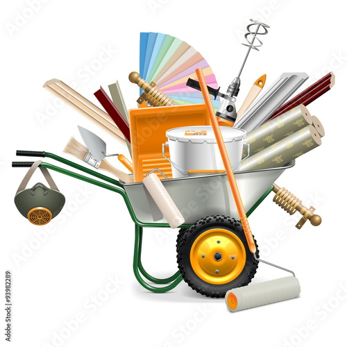Vector Wheelbarrow with Painting Tools
