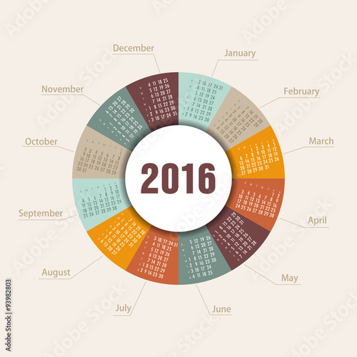 Calendar for 2016 round shape. Week Starts Sunday.