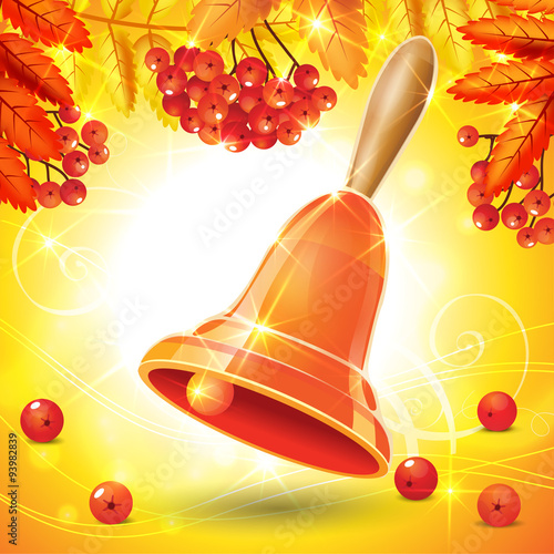 Gold school bell with leaves and rowan