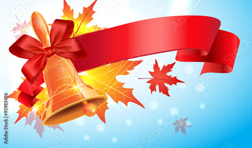 Gold school bell with a red ribbon banner and leaves