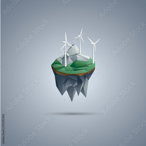 Wind turbines on low poly floating island. Renewable energy