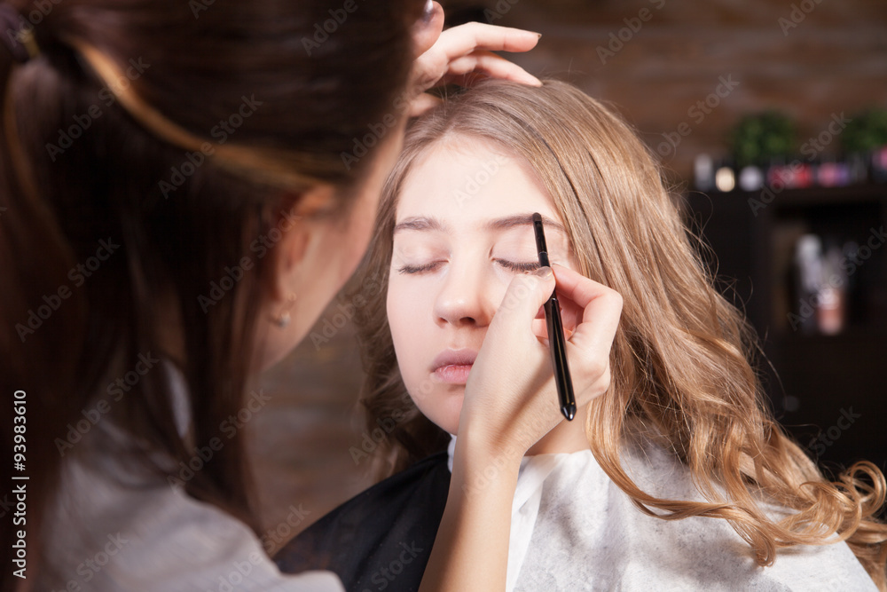 Fototapeta premium Stylist doing professional make up of young woman
