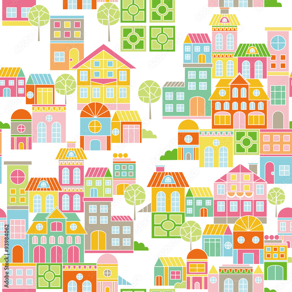 Vector Colorful Town Seamless Pattern