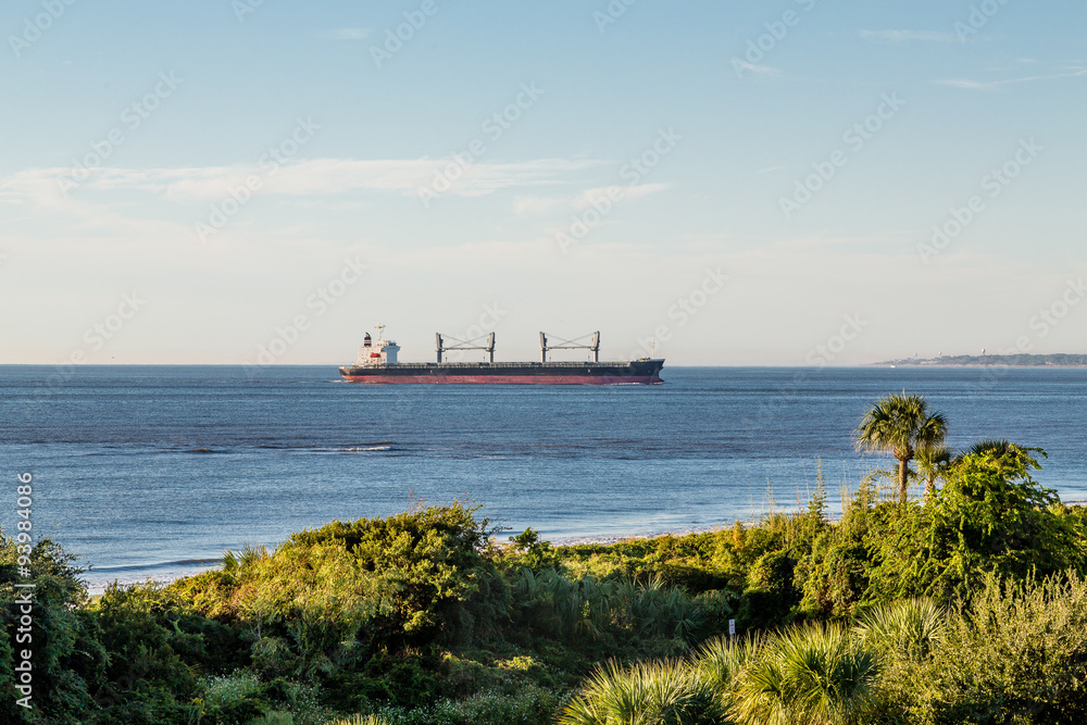 Empty Freighter off Tropical Coast