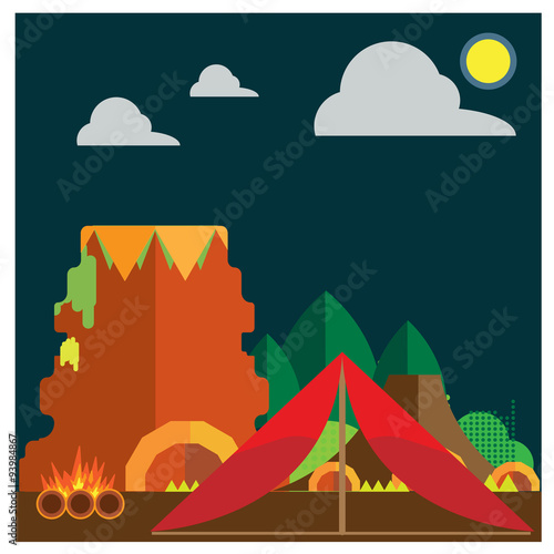 vector Camping Mountain forest fire ground tents