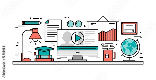 Thin line flat design concept of online learning