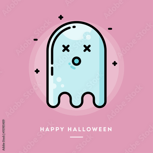 Cute ghost, flat design thin line halloween banner