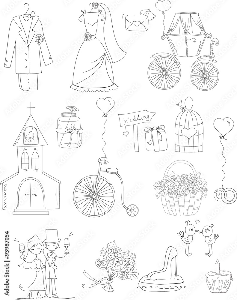 Doodle wedding set for invitation cards, including template design decorative elements - flowers, bride, groom, church, hearts 