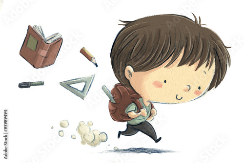 Schilderij op canvas niño corriendo a la escuela