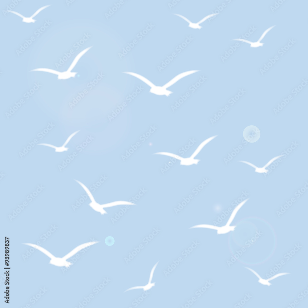 Fototapeta premium Seamless pattern with white birds silhouettes on she blue sunny sky. Vintage background. Light texture. Vector illustration. 