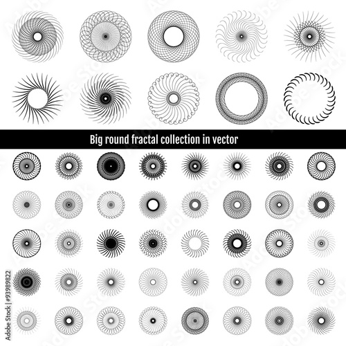 Set fractal and swirl shape element. Vintage monochrome different objects. Vector decorative sample. Diaphragm, border, outline black color in white background