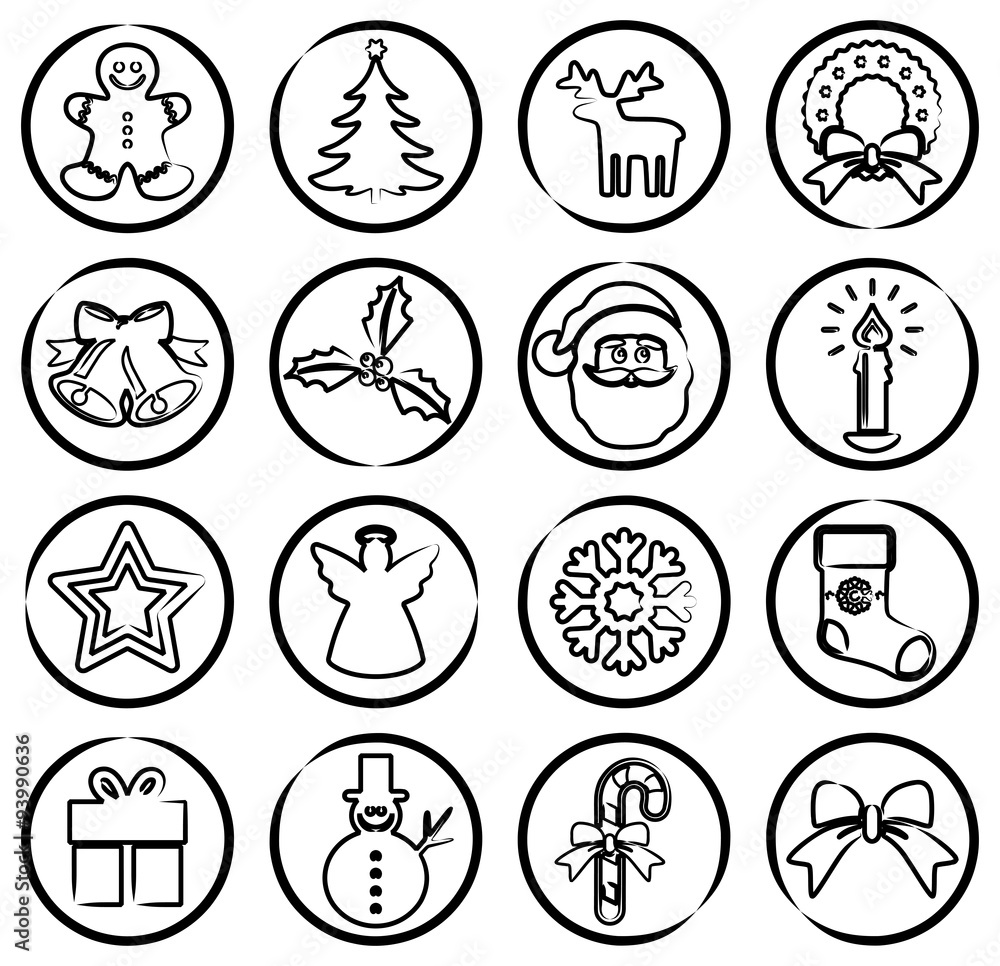 Sammlung Runde, schwarzweiße, weihnachtliche Buttons / Zeichnung