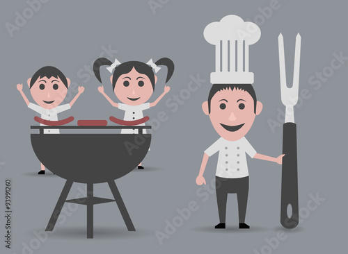 chef cooking in barbecue and kids happy