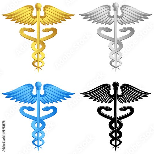 Caduceus symbol in four color schemes.