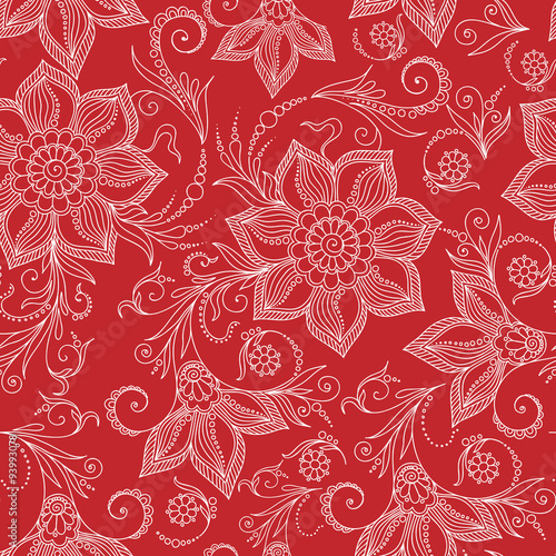 Henna Mehendi Doodles Seamless Pattern on a red background