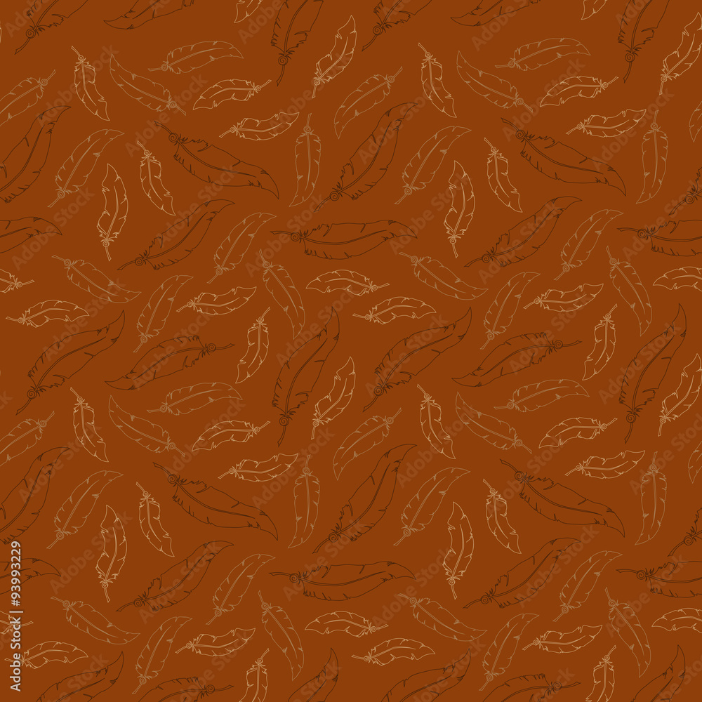 Fototapeta premium White feathers on brown background. Seamless vector pattern.