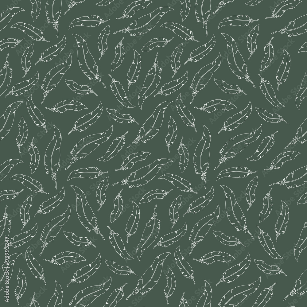 White feathers on green background. Seamless vector pattern.