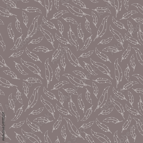 White feathers on grey background. Seamless vector pattern.